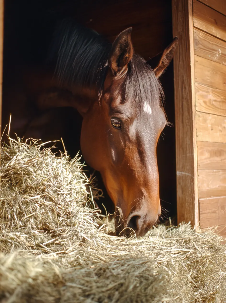 Hevonen syömässä heinää.